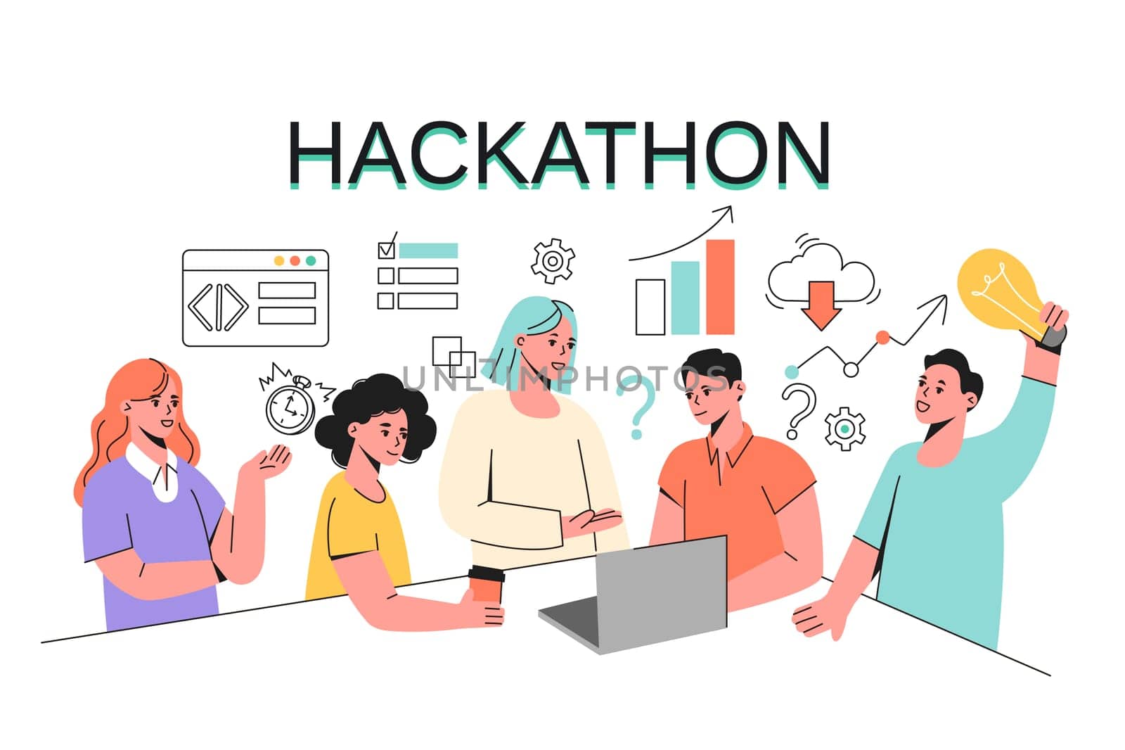 Hackathon, doodle hand drawing team of programmers, web developers, managers and graphic designers develop software. Programming and coding concept. Workteam people create project and work with data.