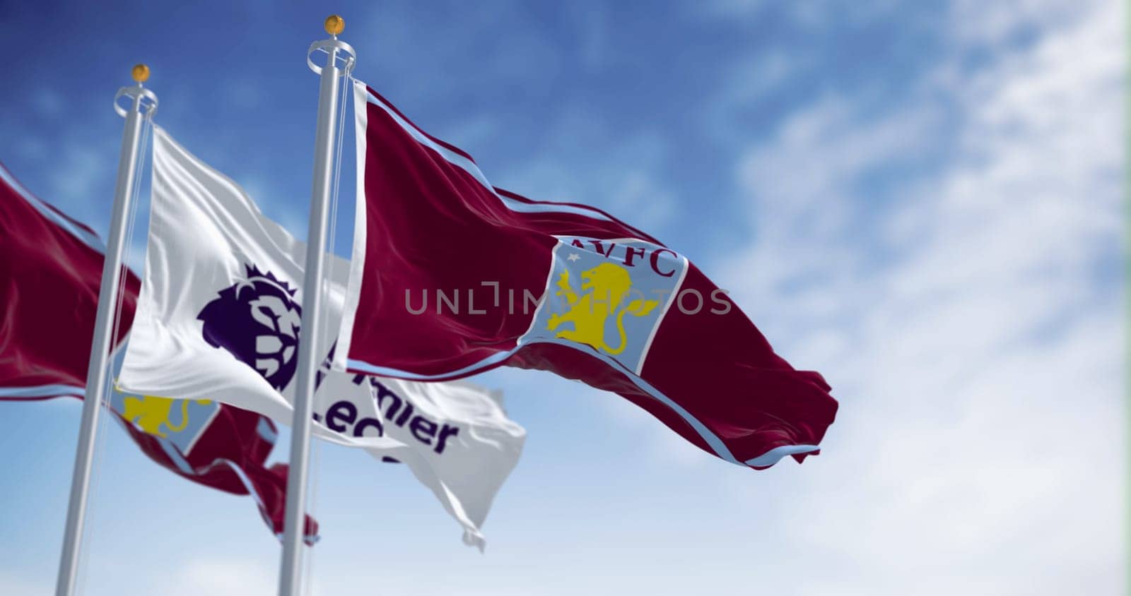 Birmingham, UK, sept. 21 2023: Aston Villa and Premier League flags waving on a clear day. Fluttering fabric. Illustrative editorial 3d illustration render. Selective focus