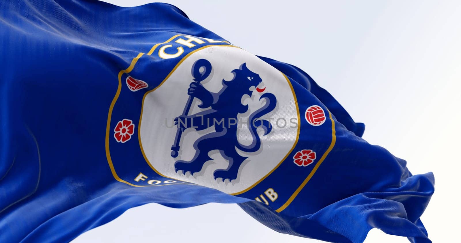 London, UK, Sept 10 2023: Close-up of Chelsea Football Club flag waving on a clear day. Blue Heraldic lion holding a staff. Illustrative editorial 3d illustration render. Fluttering fabric