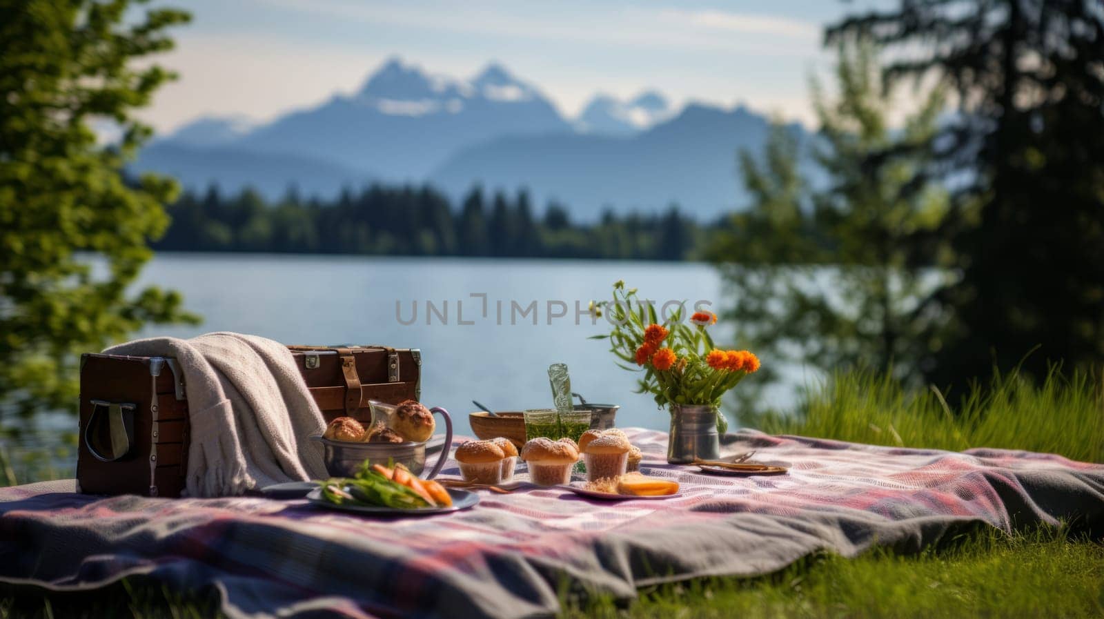 Serene lakeside picnic with a view of distant mountains