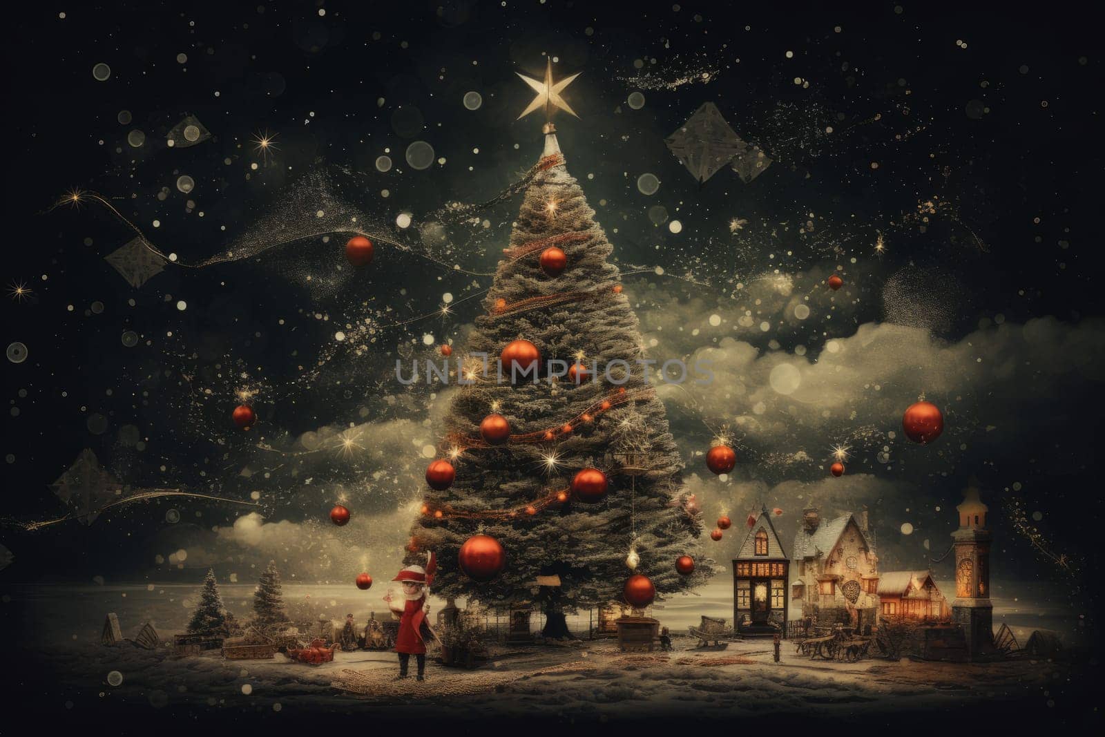 Beautifully decorated christmas tree standing tall in a winter wonderland under the starry night sky