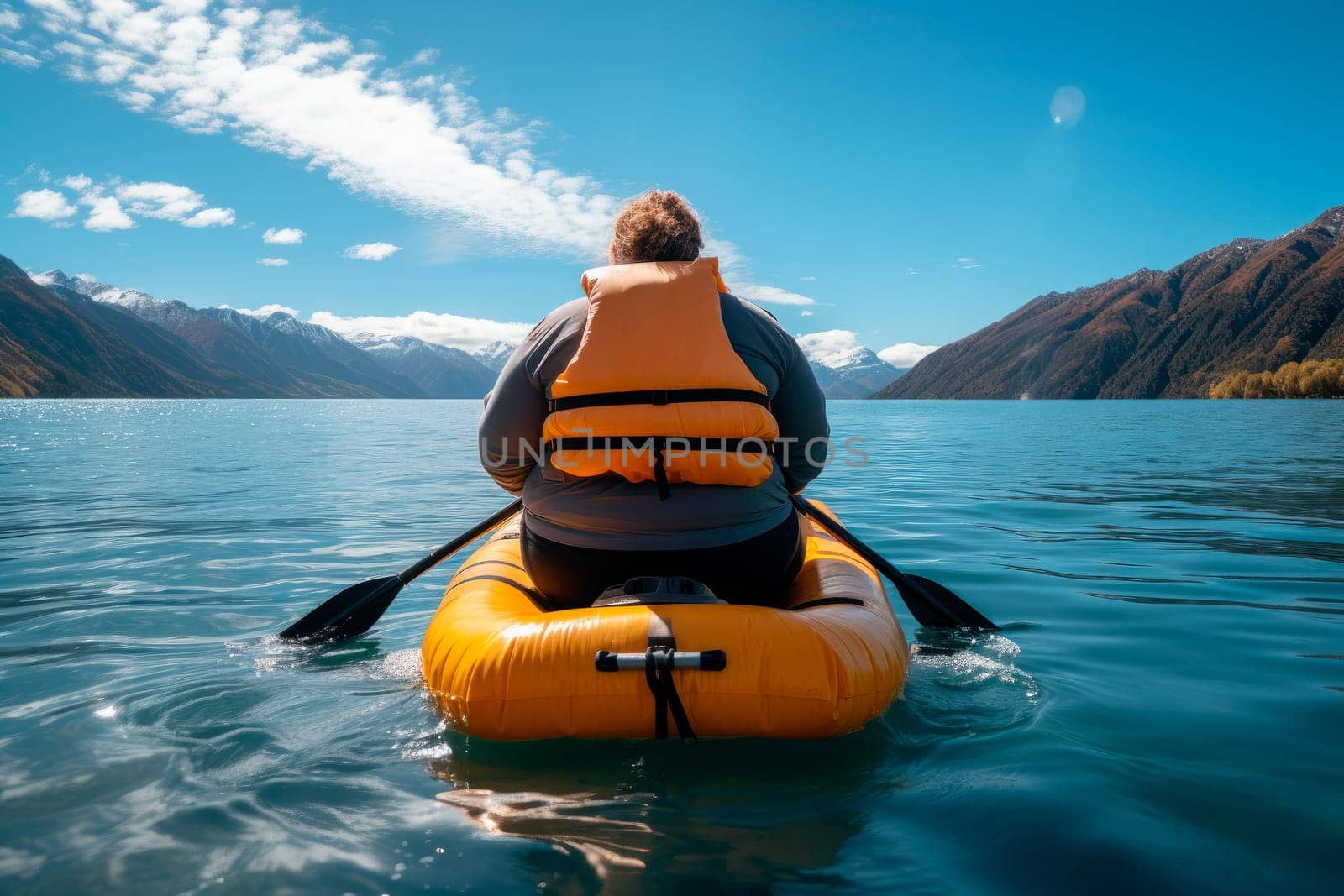 Back view of a super morbidly obese woman in life jacket at inflatable boat floats on calm water on the lake. Fat chubby woman gets to unwind and refill with energy in nature. AI generated
