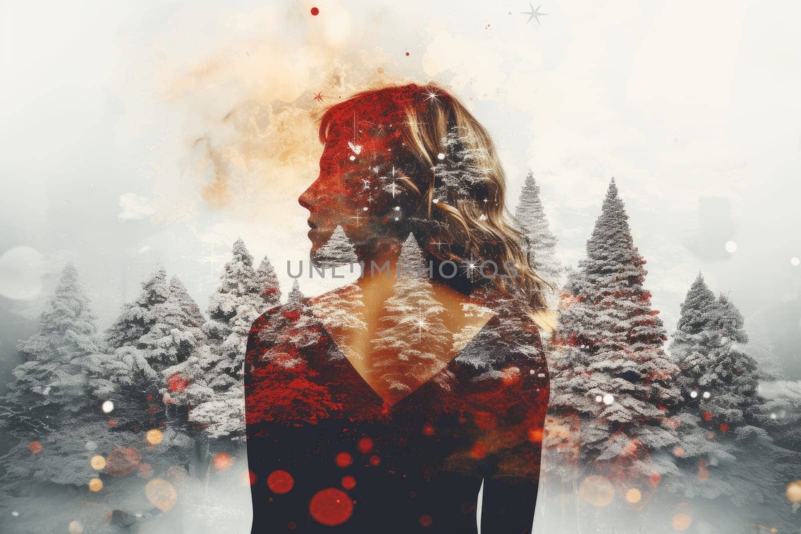 Artful Christmas double exposure concept with overlaid scenes