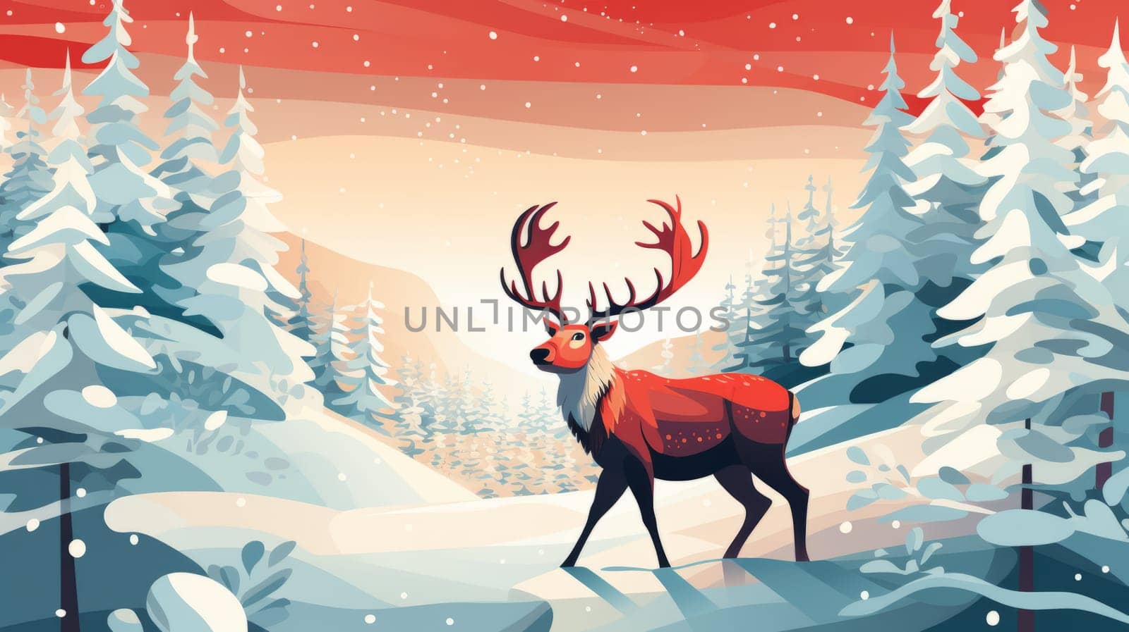 Playful Yuletide illustration of Santa's reindeer and snowy landscapes.