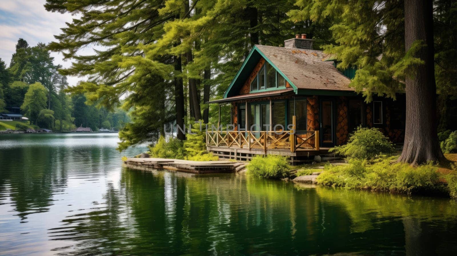 Tranquil lakeside cottage surrounded by tall trees