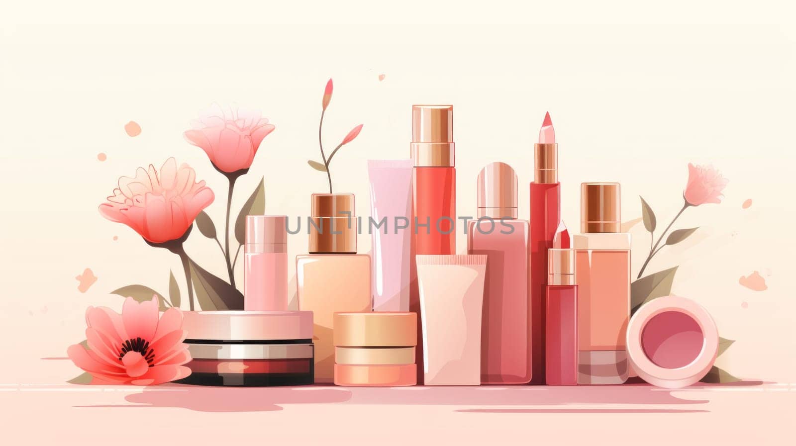 Trendy beauty illustration showcasing a variety of cosmetic products