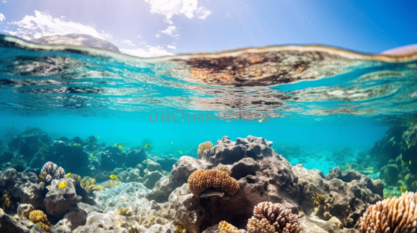 Vibrant coral reef seen from below the clear ocean surface