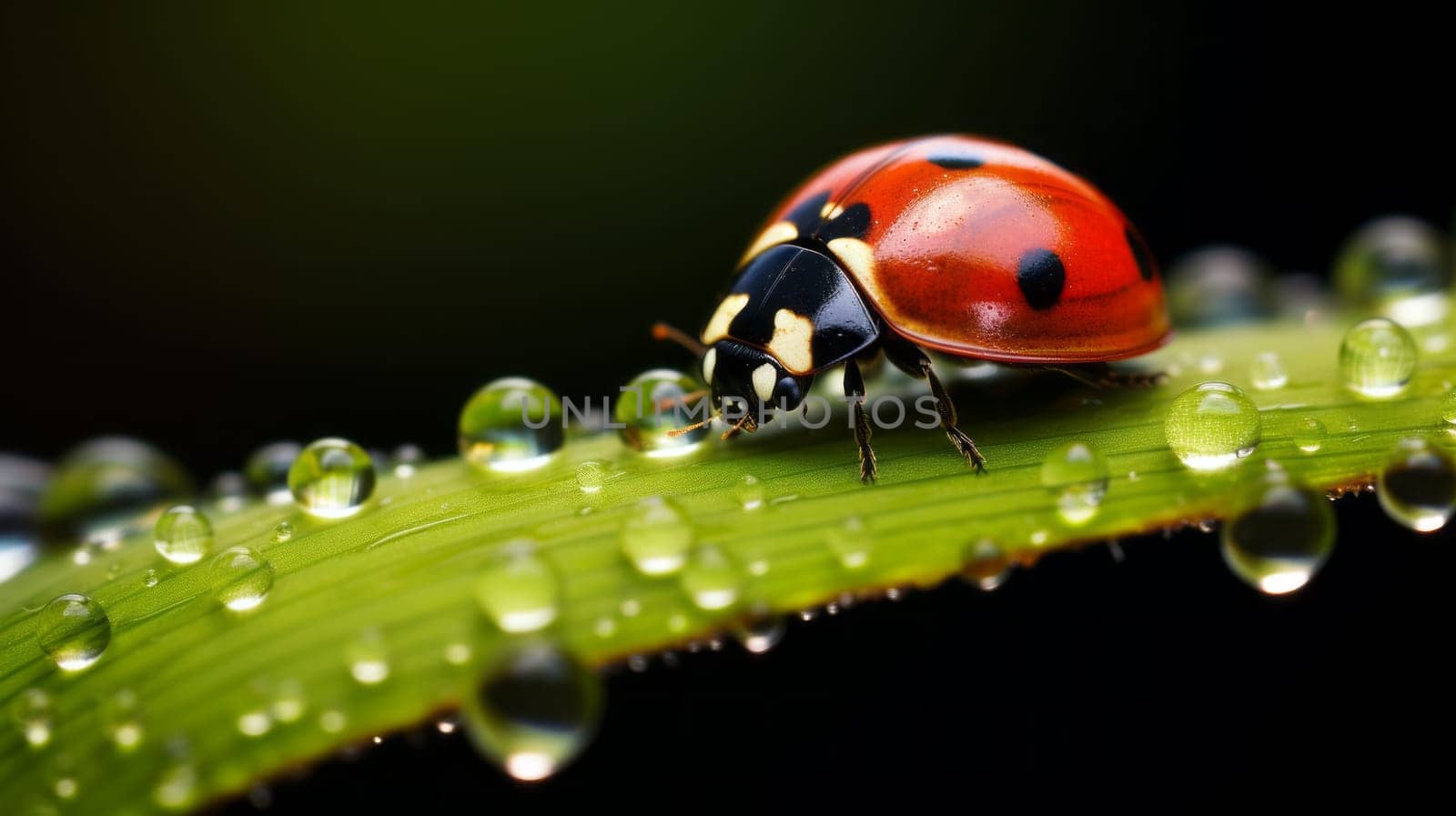 A close-up of raindrops on a ladybug with a rainbow