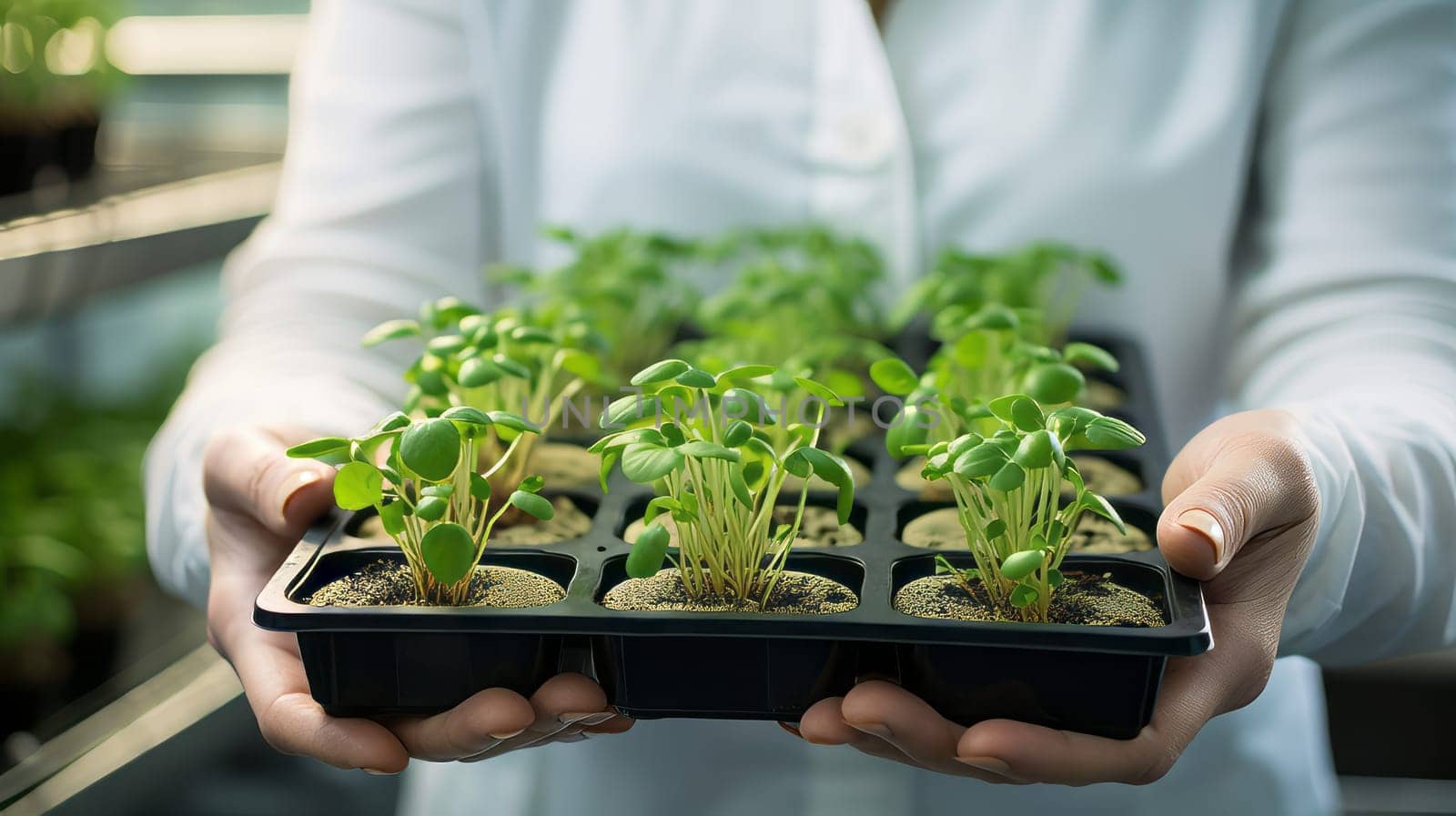 A geneticist holding a tray of mutated plant samples