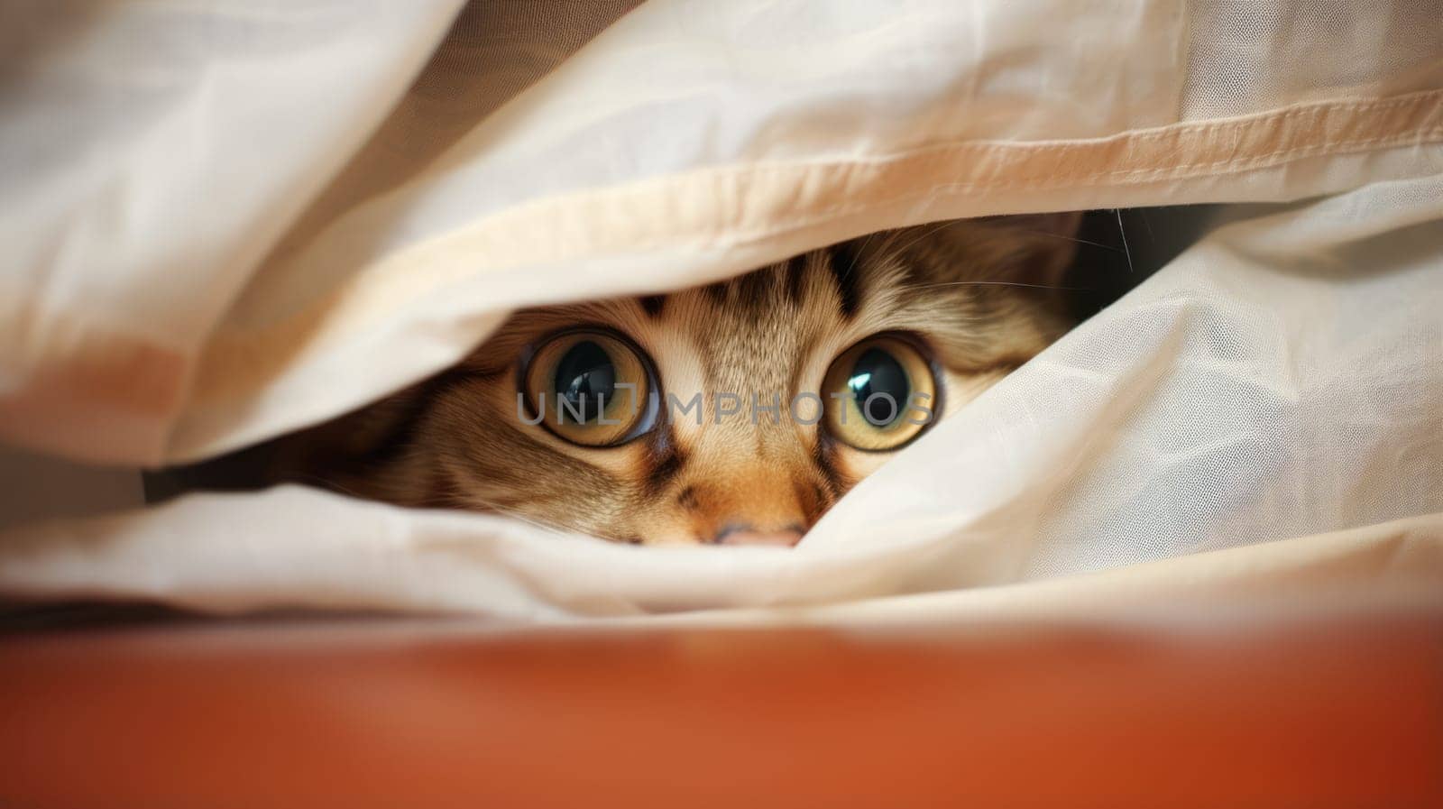 A funny cat trying to hide behind sheer curtains, thinking it's invisible