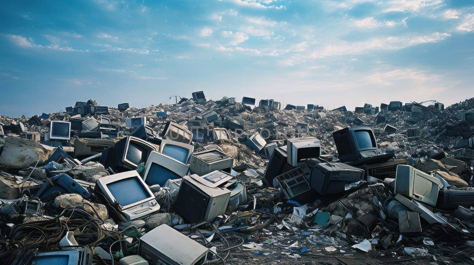 A landfill site with piles of discarded electronic waste