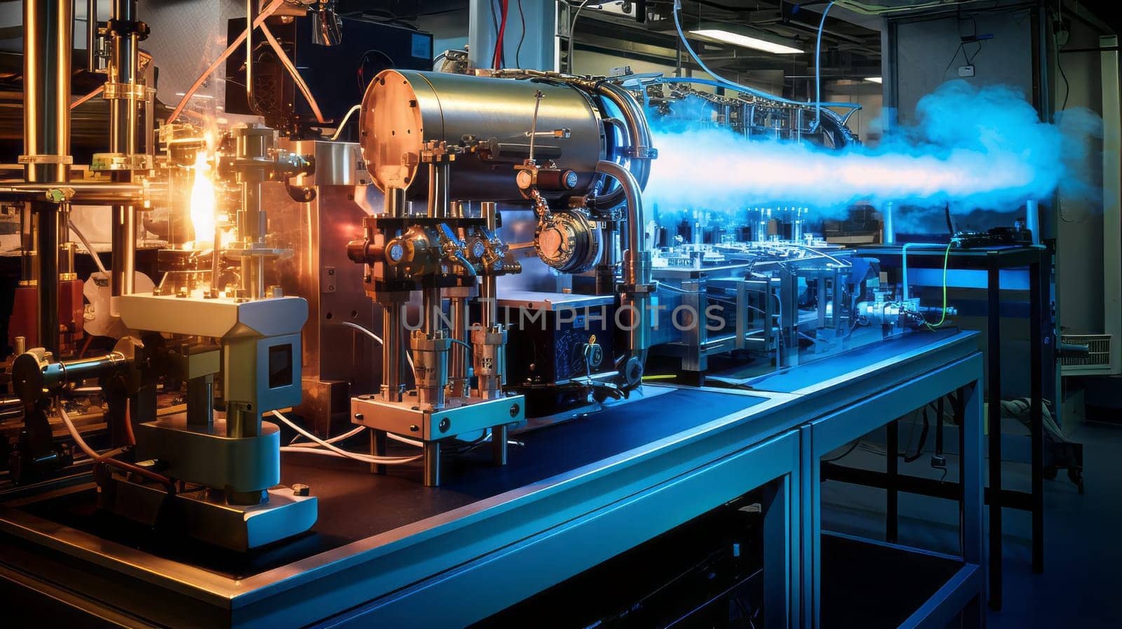 Factory filled with lots of machines and blue smoke