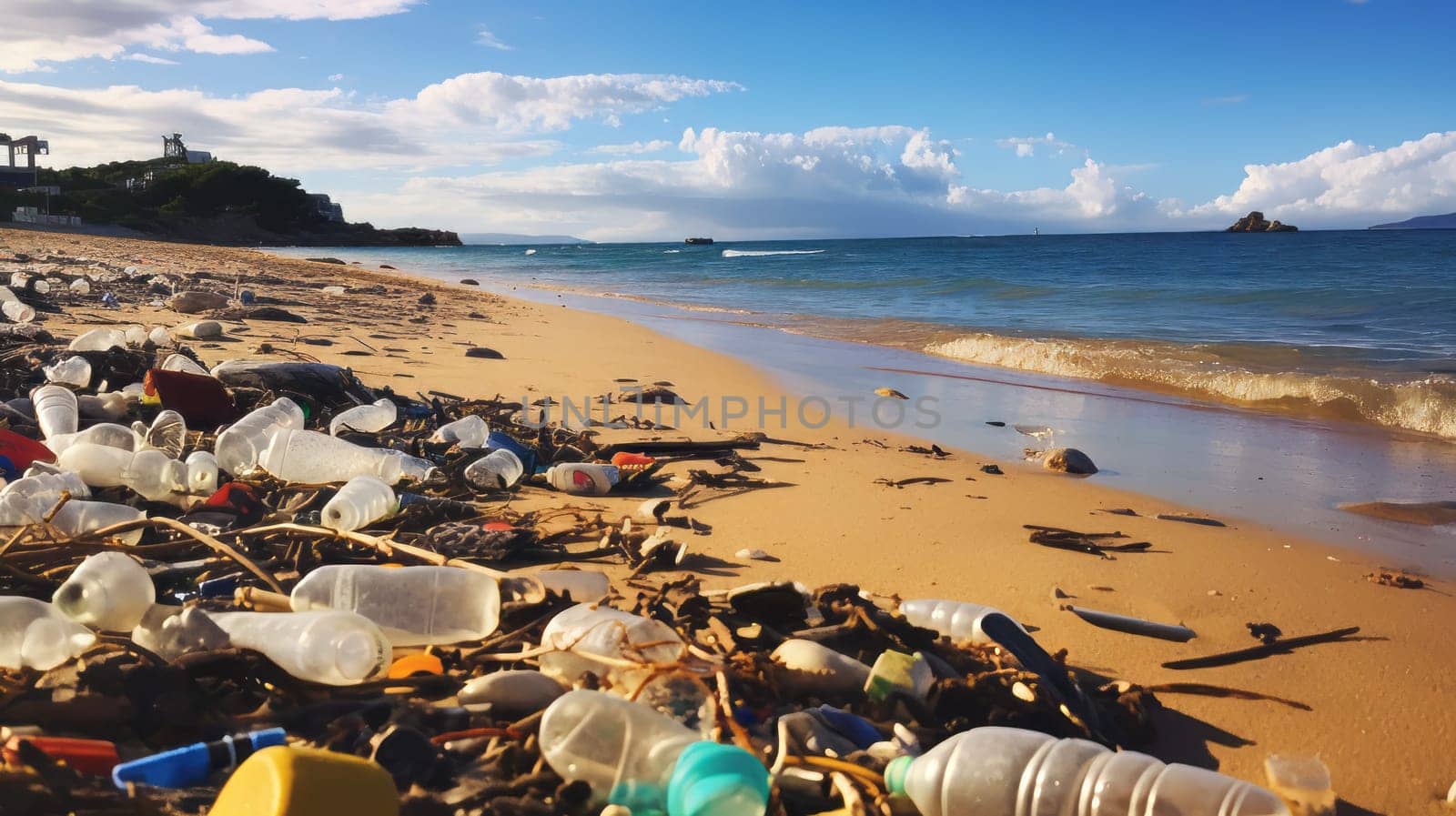 A polluted beach with discarded plastic toys
