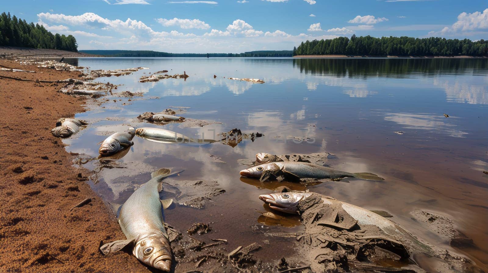 A polluted lake with dead fish washing ashore