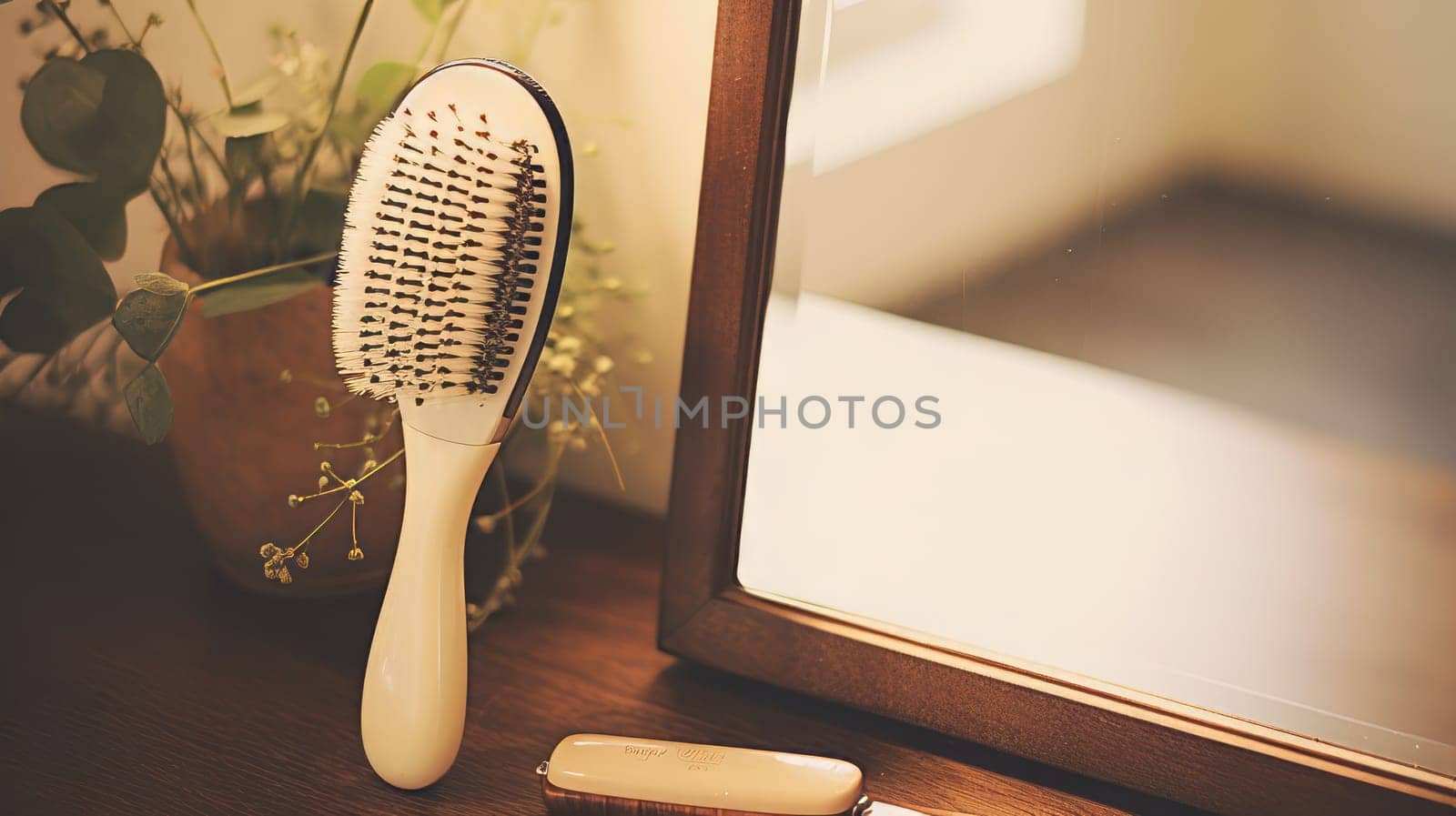 A hairbrush and mirror on a dressing table