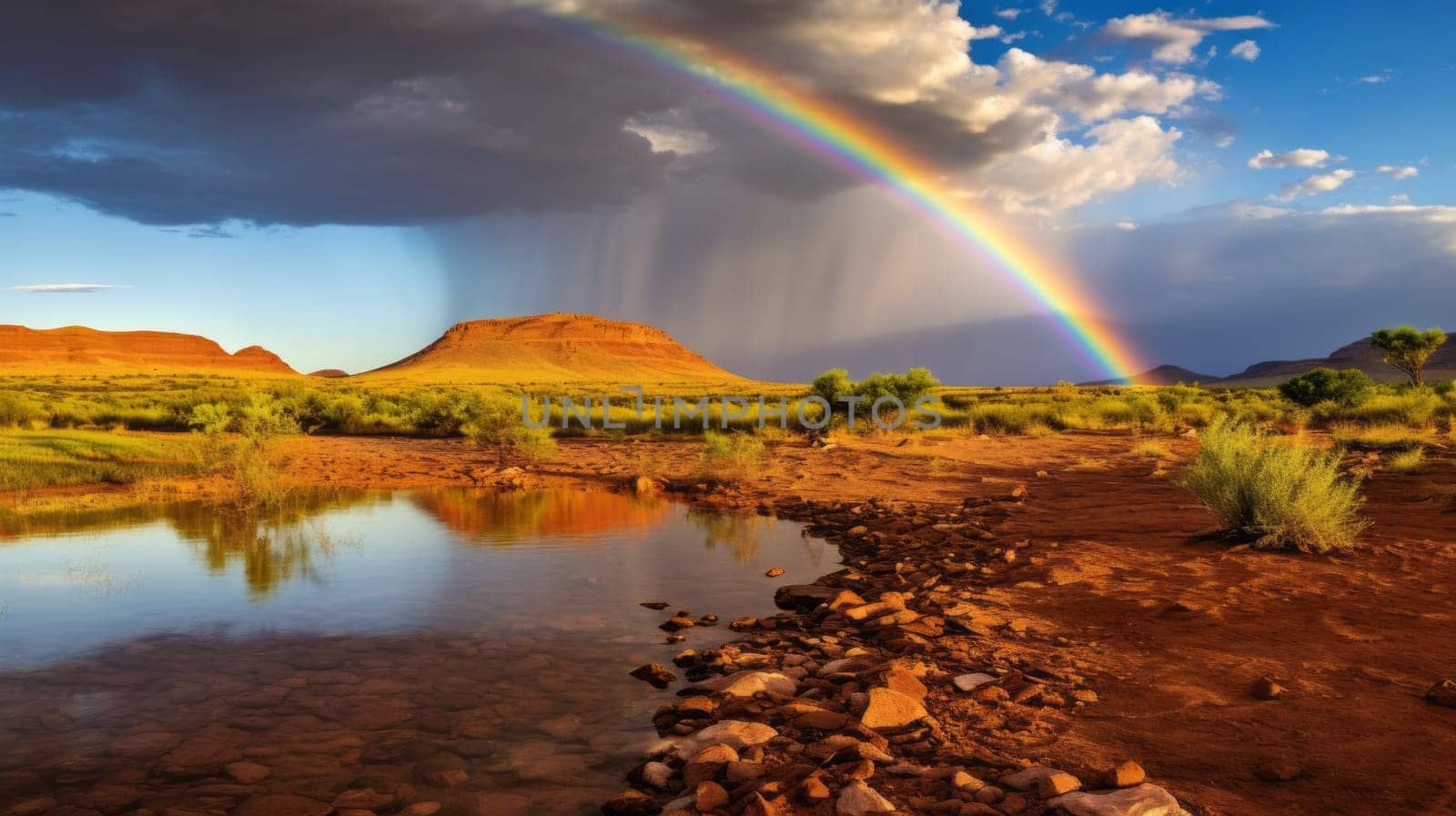 A rainbow forming above a serene desert oasis
