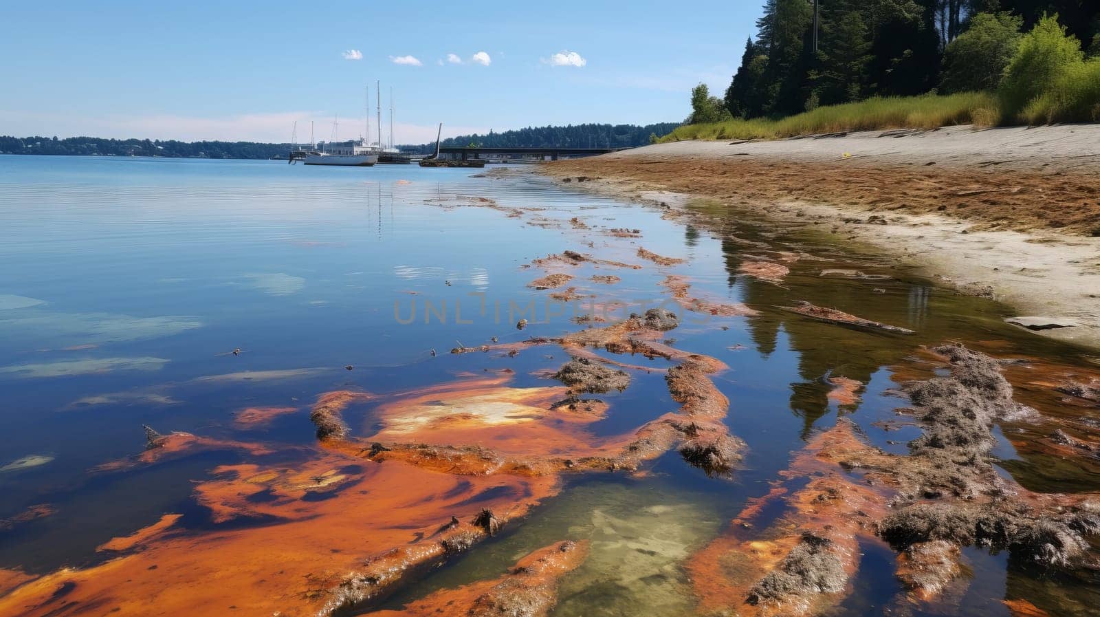 A polluted estuary with increased water temperatures negatively impacting marine organisms
