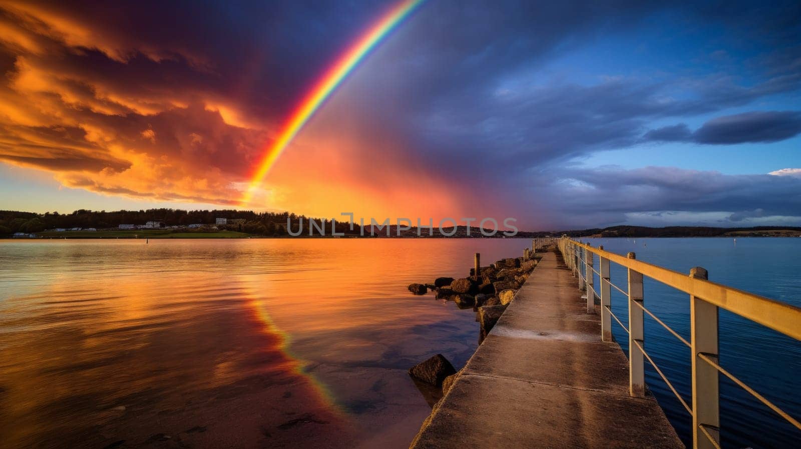 A rainbow over a picturesque seaside pier