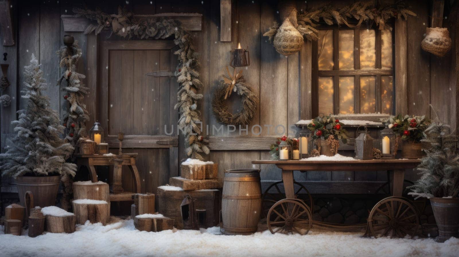 Rustic Christmas winter scene featuring wooden decorations and snow