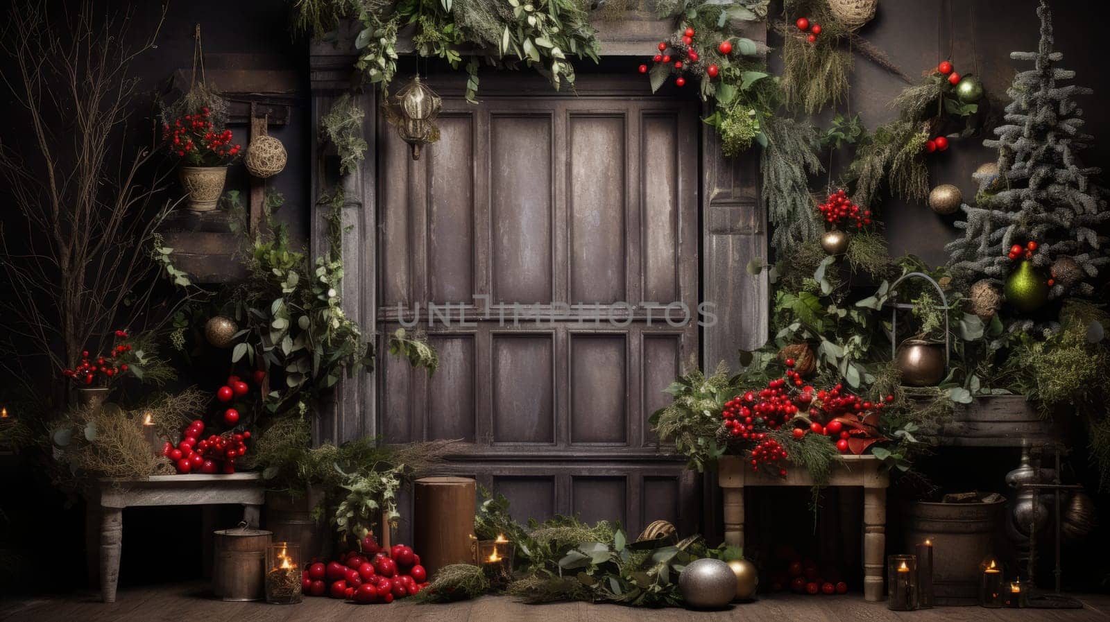 Simple Yuletide backdrop featuring traditional and natural decor