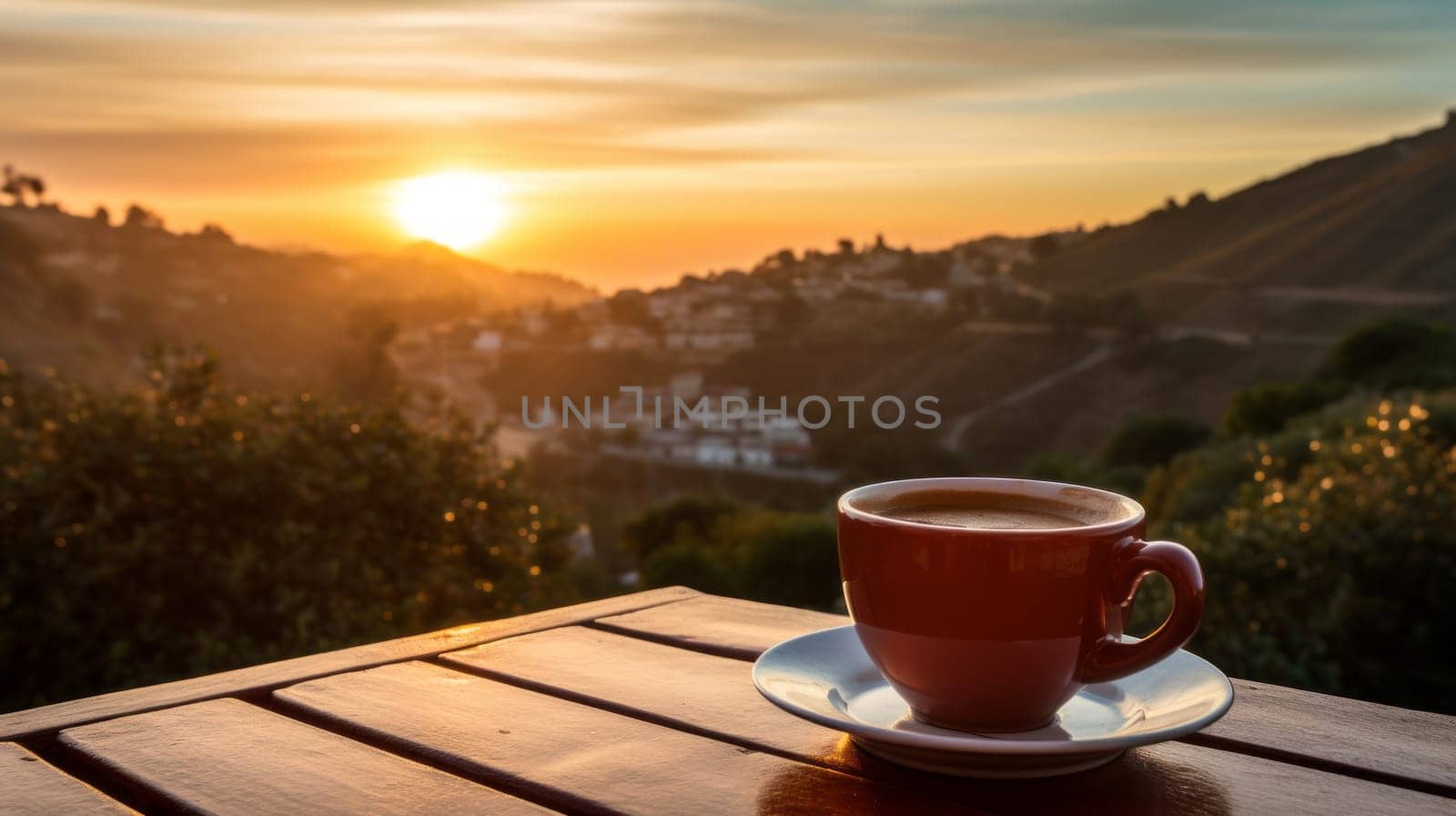 Sip of coffee against a sunrise backdrop, embracing the morning ritual