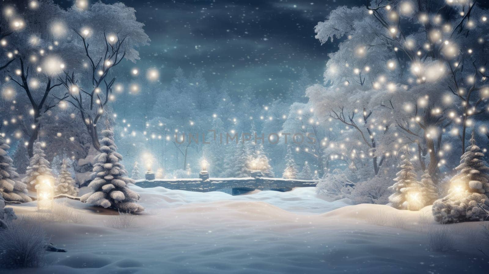 Snowy scene with twinkling lights for winter themed designs