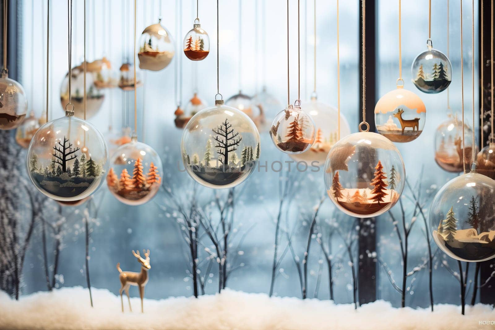 Whimsical holiday ornaments against a winter wonderland