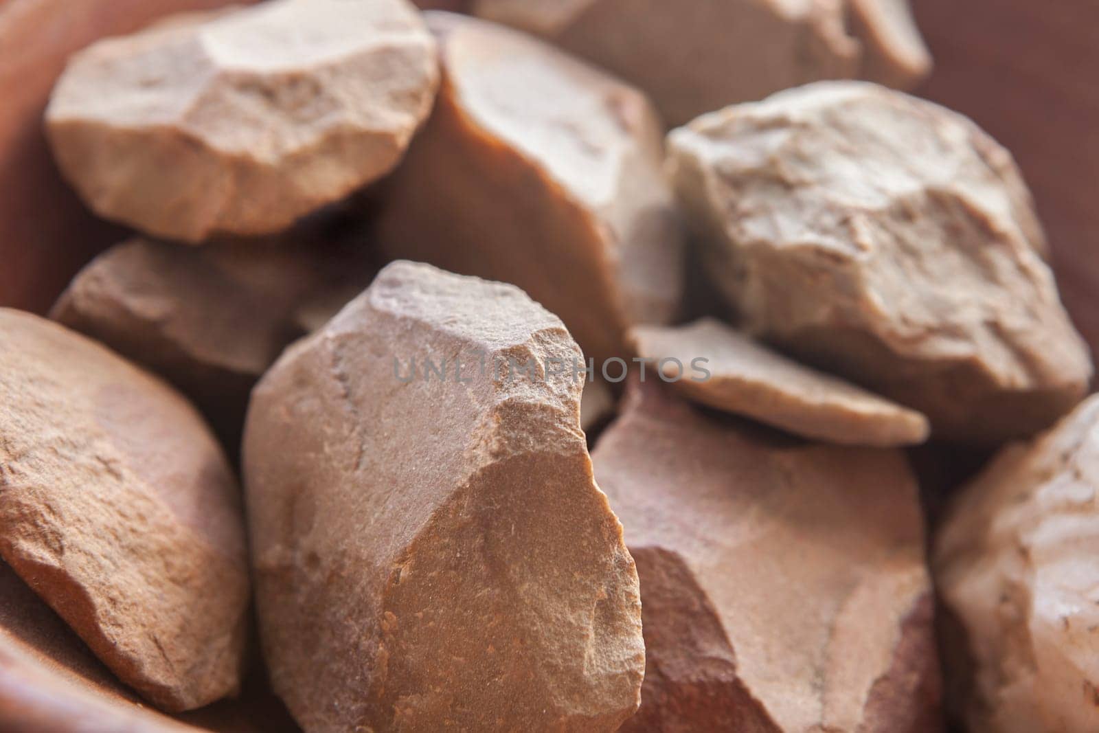 Quartzite pebbles from alluvial terraces of Vegas Altas del Guadiana, Orellana la Vieja, Badajoz. Selective focus