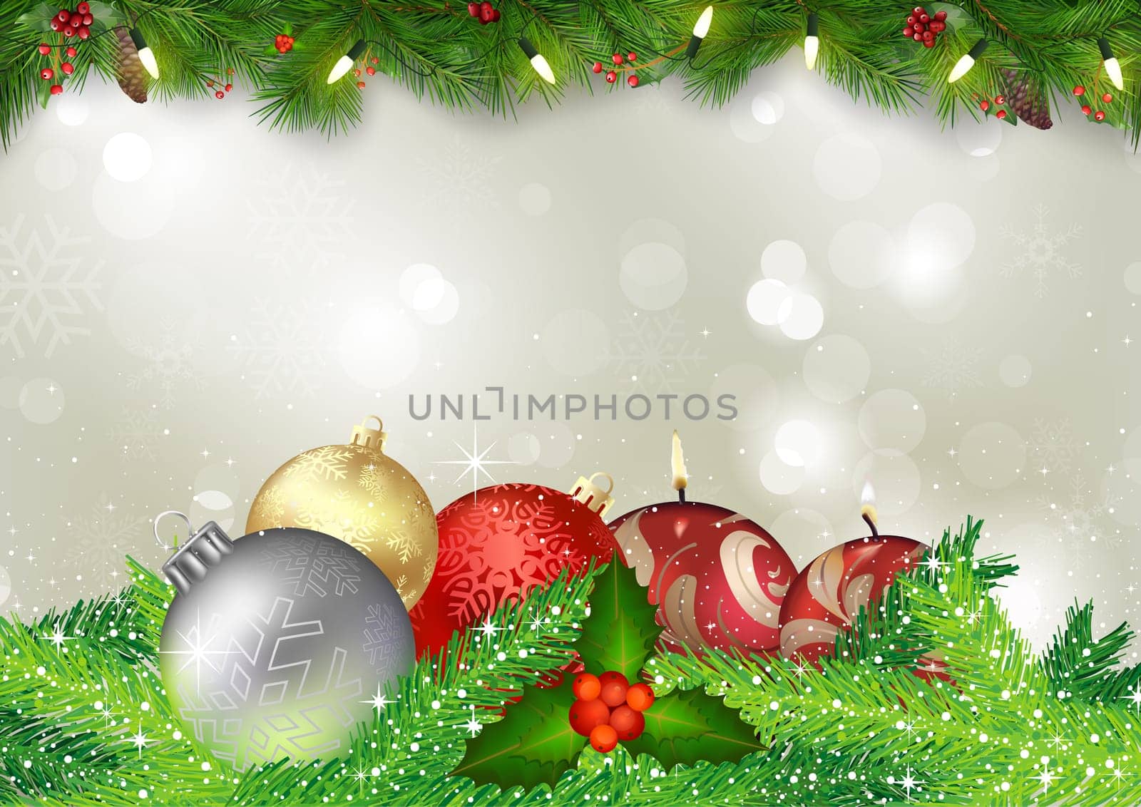 Christmas Card with Christmas Ornaments and Tree Branches on Background with Bokeh Effect - Colored Illustration