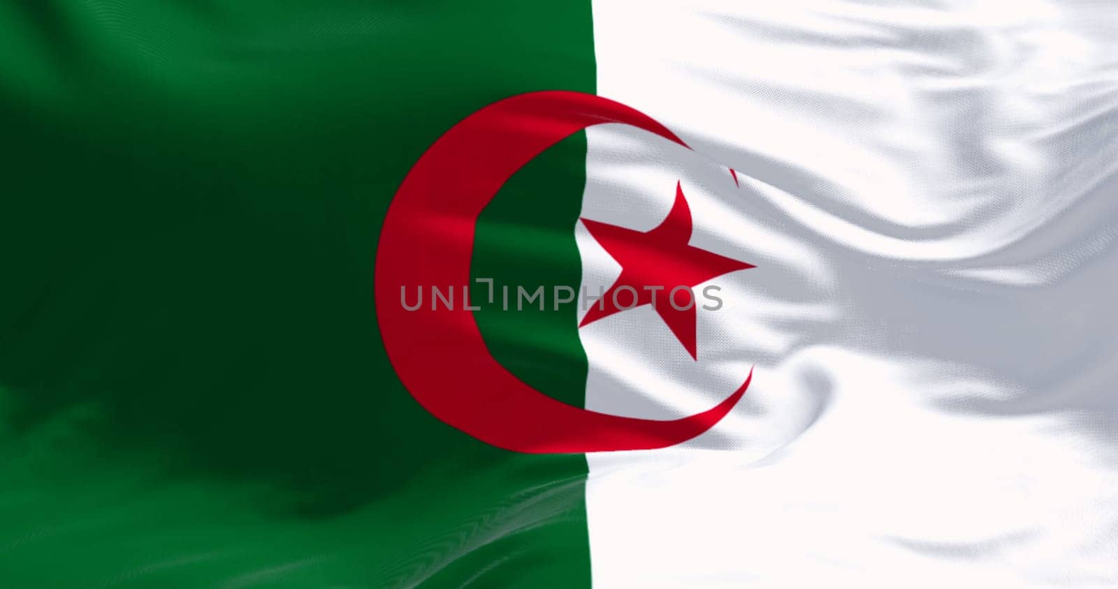 Close-up of Algeria national flag waving. two vertical bars, green and white, with a red star and crescent in the center. 3d illustration render. Fluttering fabric background