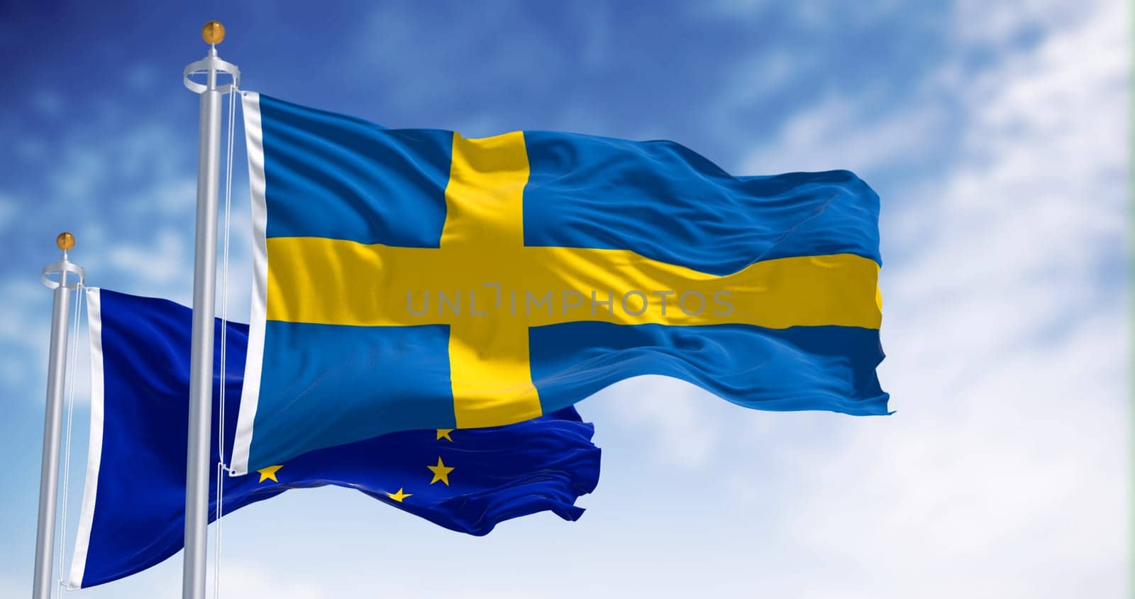 The flags of Sweden and the European Union waving together on a clear day. Sweden became a member of the European Union on January 1, 1995. 3d illustration render. Rippled fabric
