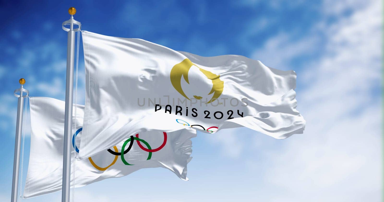 Paris, FR, Sept 12 2023: Paris 2024 and the Olympics Games flags waving in the wind. International sporting event. Illustrative editorial 3d illustration render.