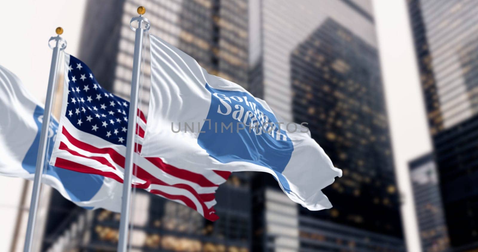 New York, US, Aug. 1 2023: Golman Sachs bank and the United States flags waving in a financial district. Illustrative editorial 3d illustration. Finance and banking