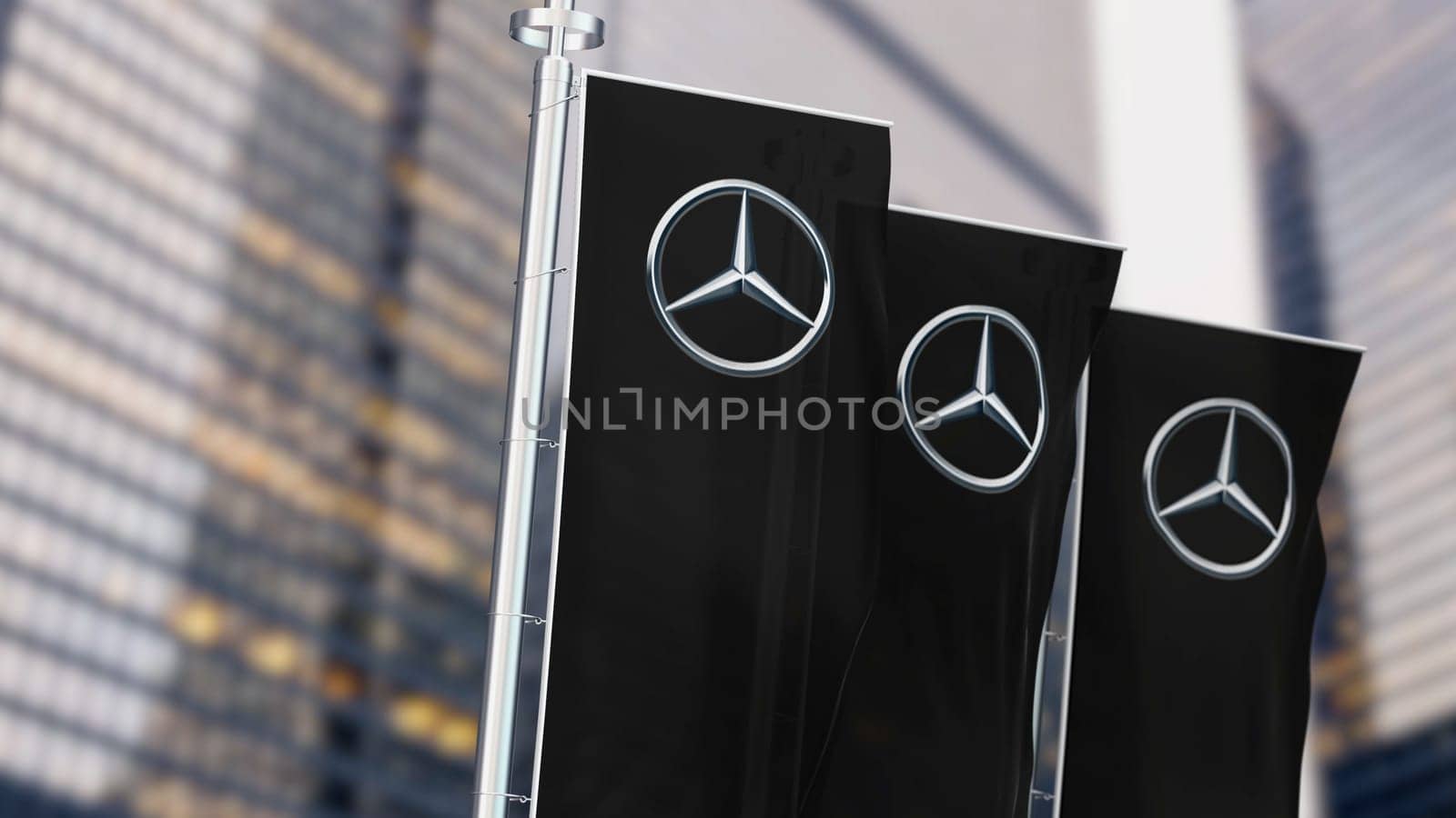 Stuttgart, DE, Aug 20 2023: Three black vertical banners with Mercedes logo waving in the wind. German luxury and commercial vehicle automotive brand. Illustrative editorial 3d illustration render