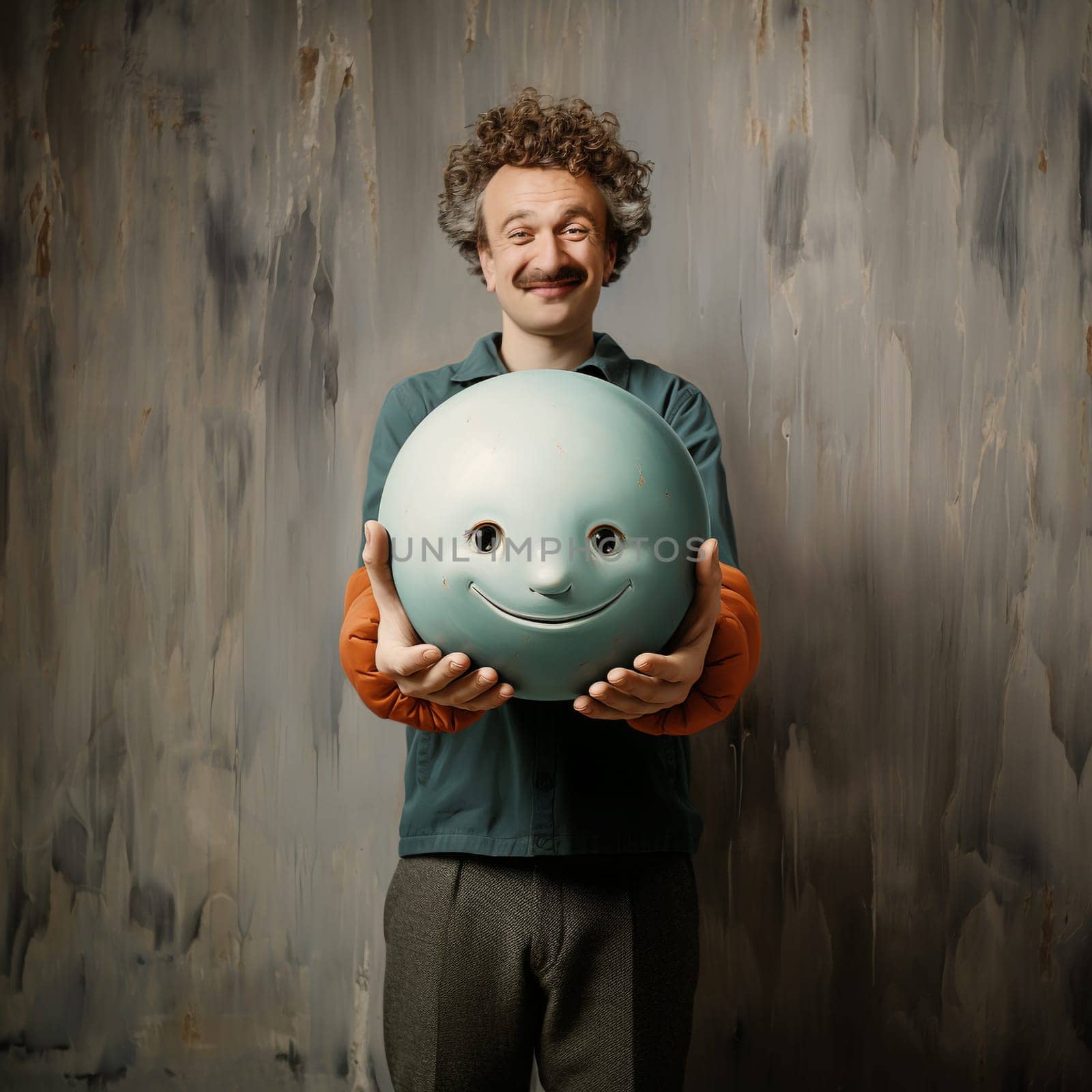 Man holding a happy smiling face mask, self care and mental health concept, positive thinking mind, emotion and support