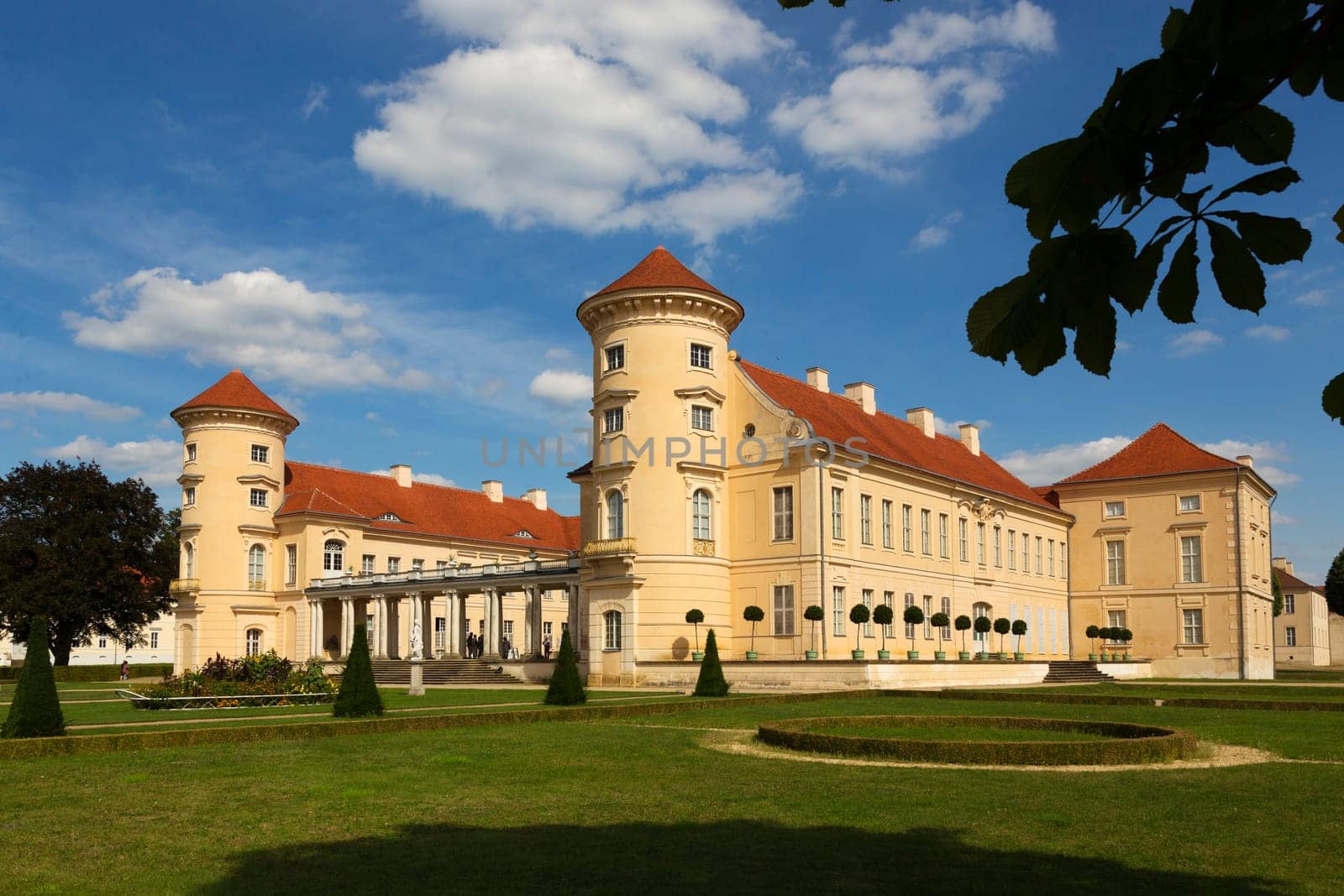 Schloss Reinsberg von der Seite, mit Blättern davor