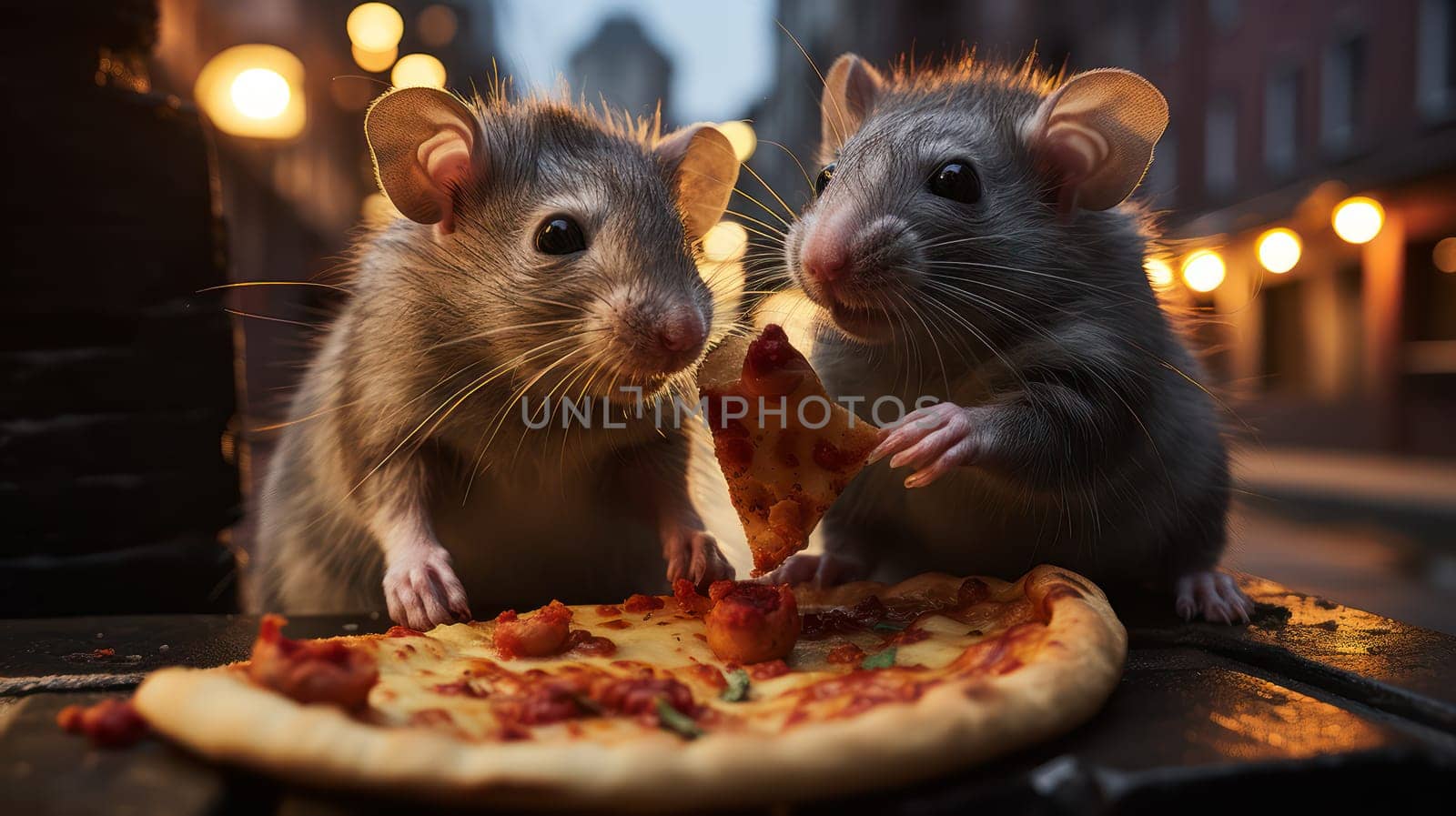 Two rats eating pizza on evening street close up