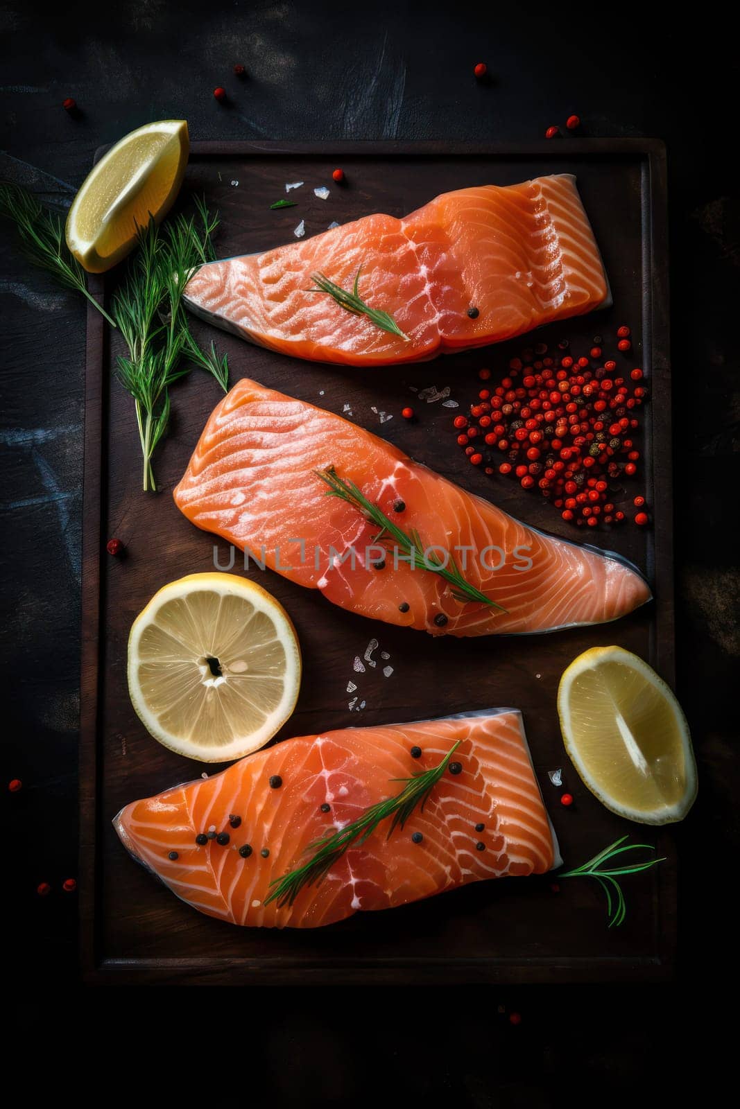 pieces Raw salmon fillet with spices on black slate. view from above. Generative AI