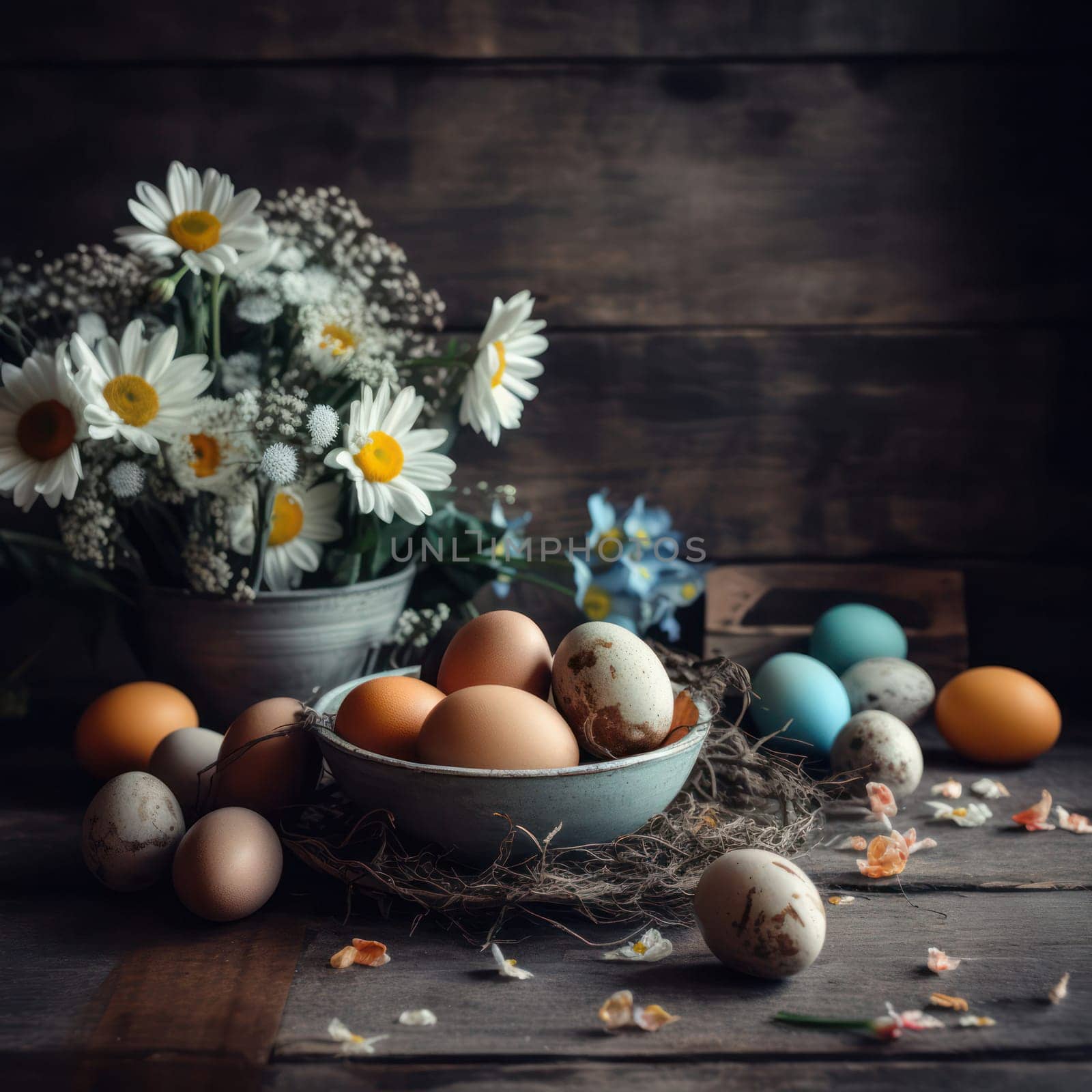 Congratulatory Easter background. Easter eggs on a white tablecloth and flowers in a vase.Generative AI