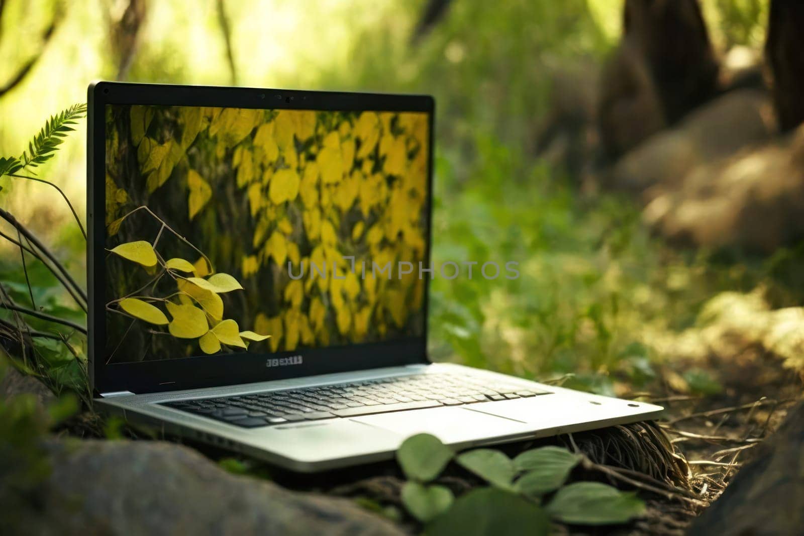 laptop on a flowering meadow in a natural park. Generative AI