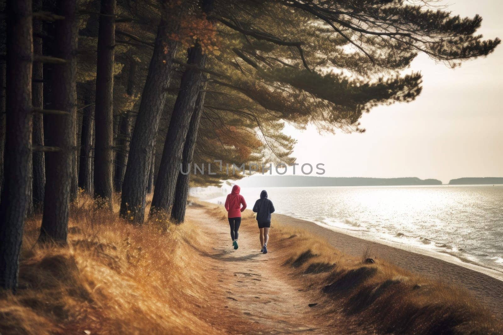 Man and woman jogging at the seaside. Male and female running by the sea. Active people. Cardio training. Physical fitness. Cardio workout. Healthy lifestyle. Daily routine of active people. Body exercising close to nature