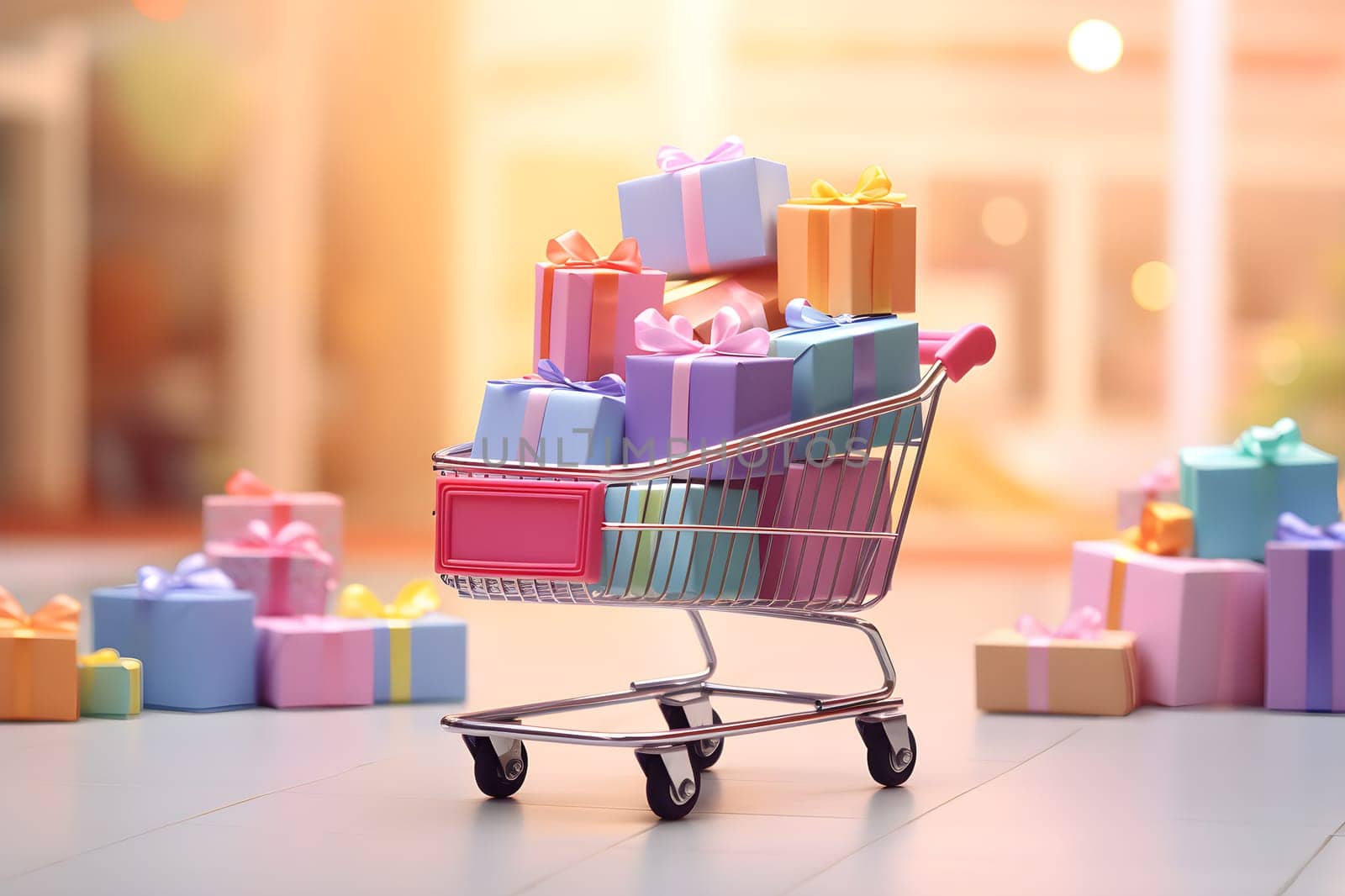 Metal supermarket shopping cart full of different colorful presents, gift boxes. Big sale banner concept