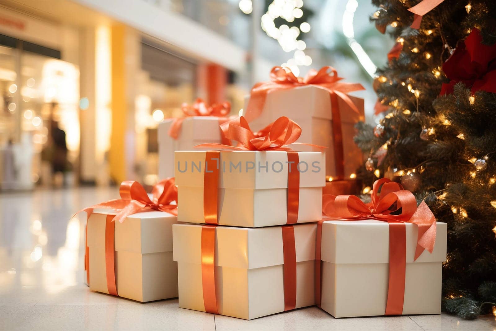 Big pile of Christmas gift boxes in golden wrapping paper, red ribbon, bow. Stack of New Year presents for holiday. Many various giftbox packages on heap. Fir tree on floor in shopping center, mall