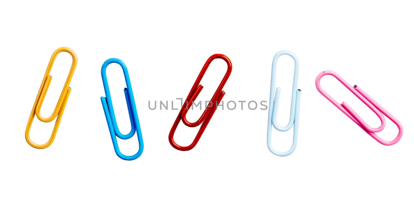 Colorful paper clips isolated over white background. Business office  and school stationary supplies.