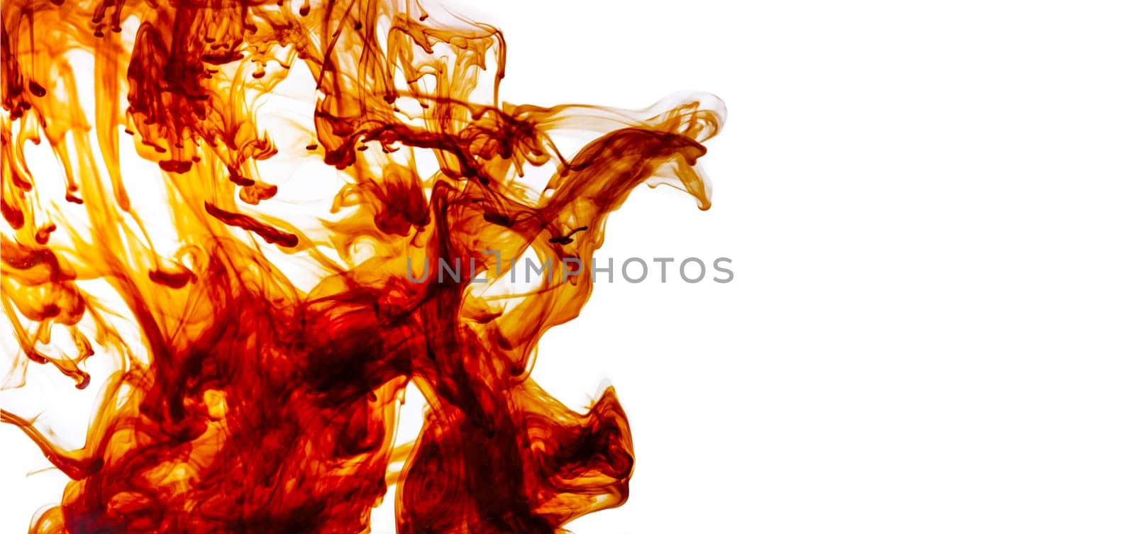 Color liquid motion in water. Abstract paint splash background. Ink swirl border design isolated on white.
