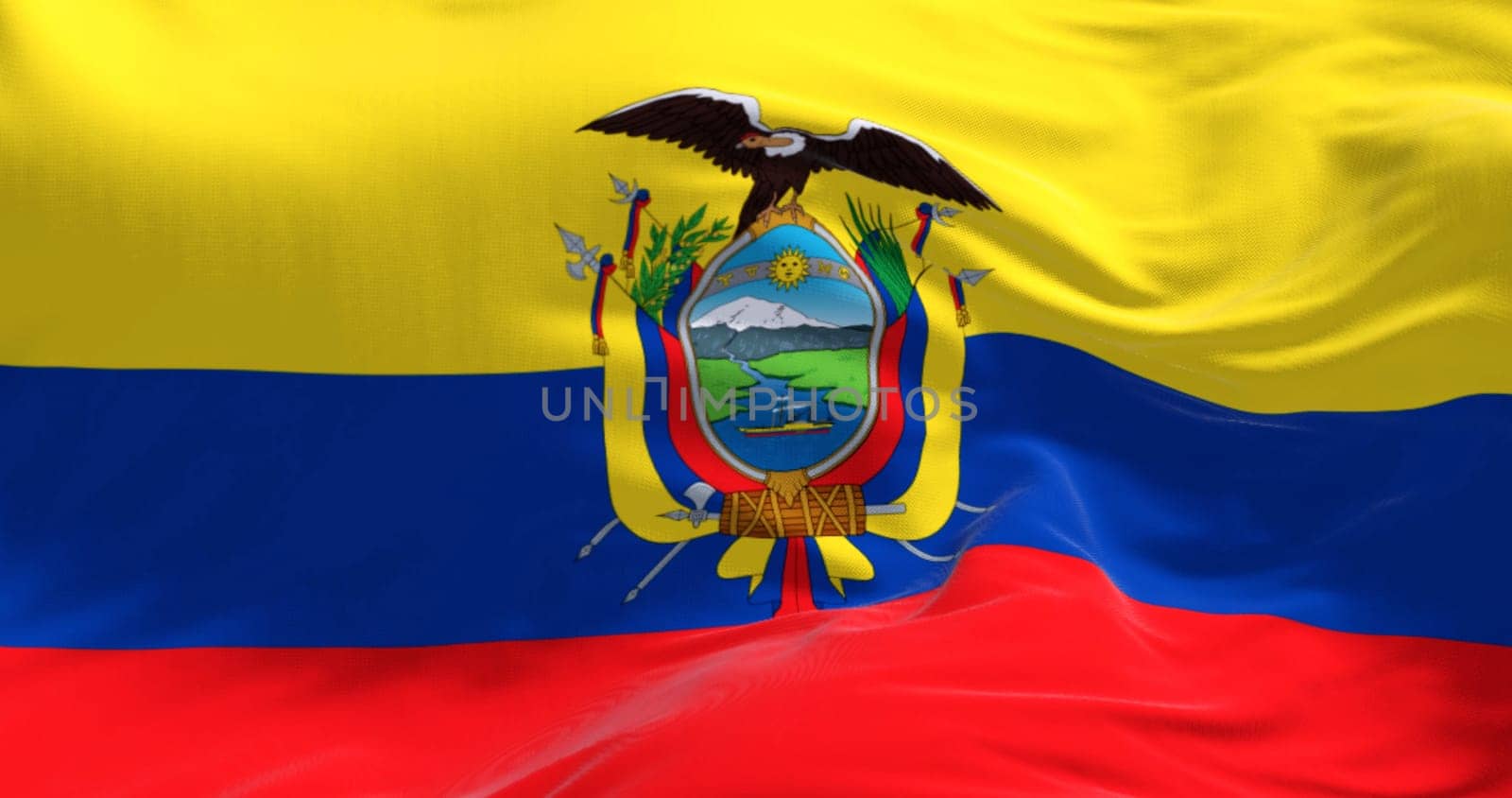 Ecuador national flag waving in the wind on a clear day. The Republic of Ecuador is a presidential republic of South America. 3d illustration render. Fluttering fabric