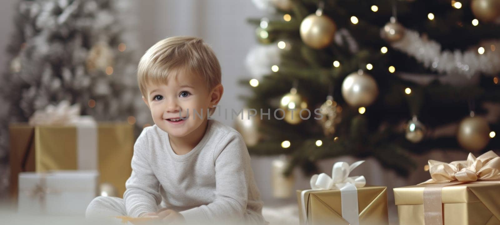 5 years old blonde boy child getting xmas gift present christmas tree, ai