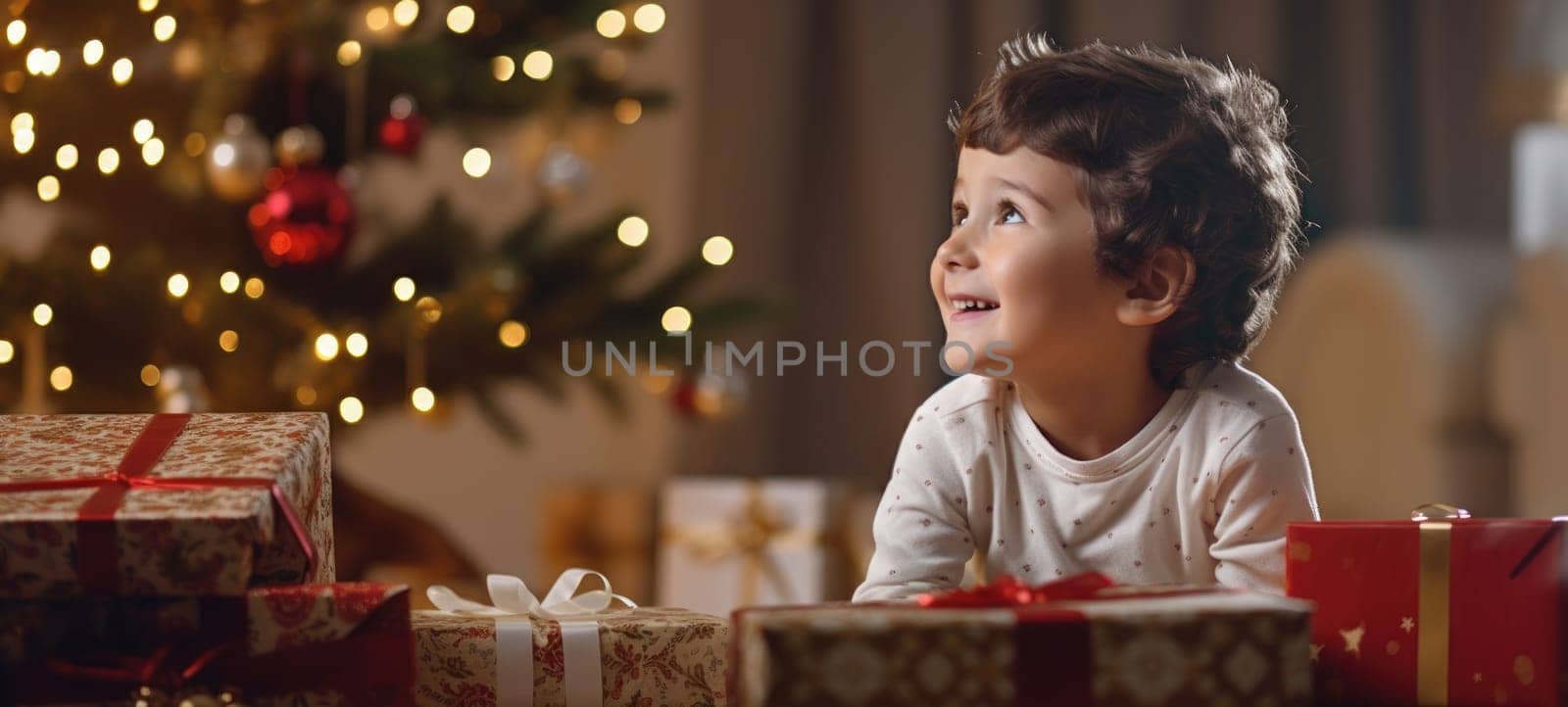 5 years old boy child getting xmas gift present christmas tree, ai