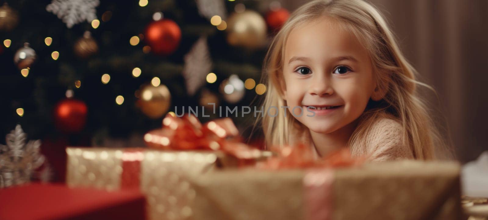 5 years old blonde girl child getting xmas gift present christmas tree, ai
