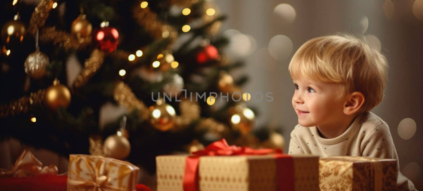 5 years old blonde boy child getting xmas gift present christmas tree, ai